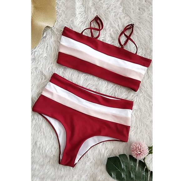 High-Waisted Colorblock Bandeau Bikini Set in Red - Picture 6 of 12